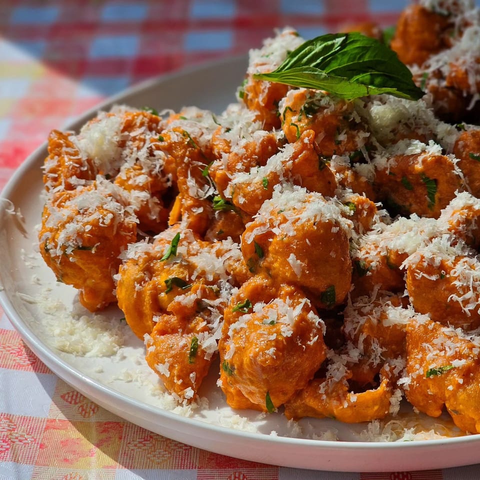 A plate of orange gnocchi with red sauce, grated cheese, and a basil leaf on a checkered tablecloth.